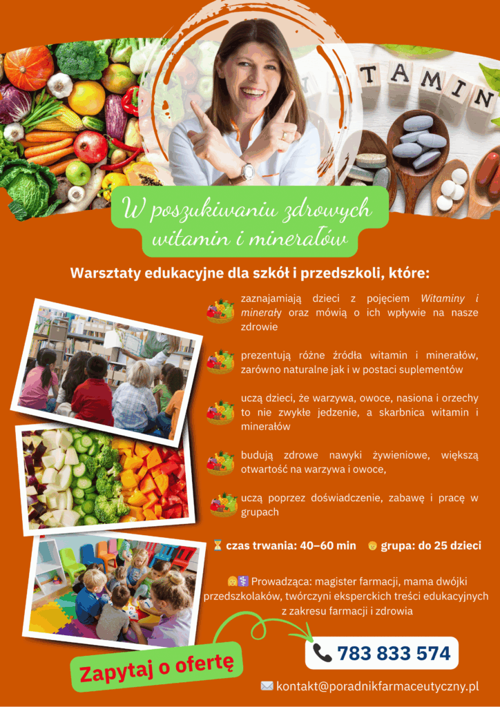 Plakat warsztatów edukacyjnych dla przedszkoli i szkół „W poszukiwaniu zdrowych witamin i minerałów” – zajęcia prozdrowotne w Warszawie prowadzone przez farmaceutkę, uczą dzieci zdrowego odżywiania i roli witamin w organizmie