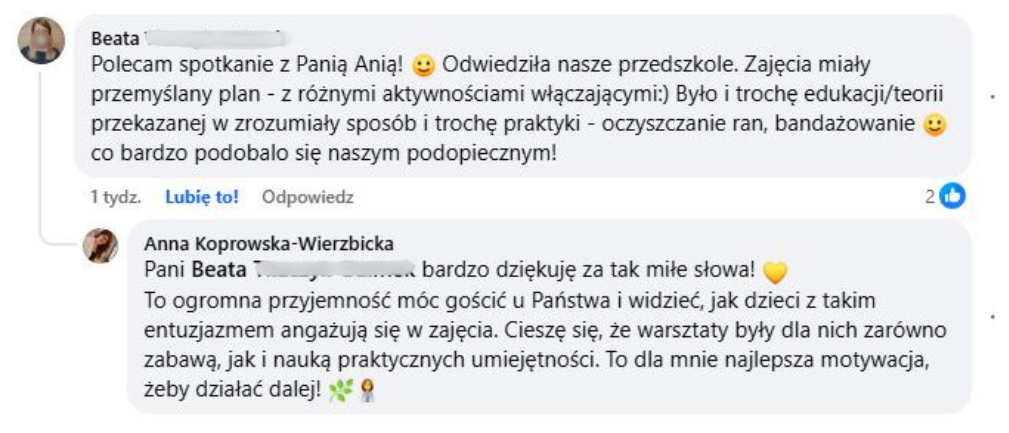 Opinia dyrektora przedszkola o warsztatach prozdrowotnych dla dzieci – pochwała za przemyślany plan zajęć, łączenie edukacji z praktyką i dużą aktywność dzieci